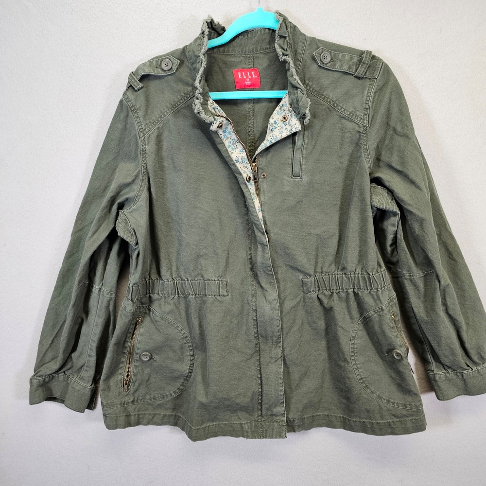 ELLE Olive Green‎ Utility Jacket Women's 1X Drawstring Floral Lined Military